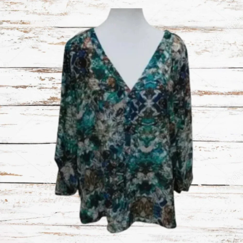 Zara Green Teal Blue Printed V-Neck Blouse - Picture 2 of 15